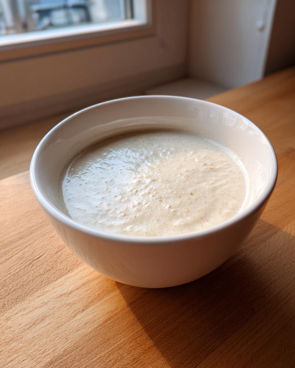 A close-up of creamy, blended cauliflower soup served in a white bowl on a wooden surface.
