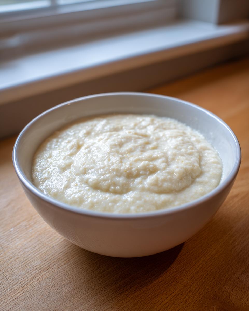 A white bowl filled with thick, creamy cauliflower soup resting on a wooden surface near a window.