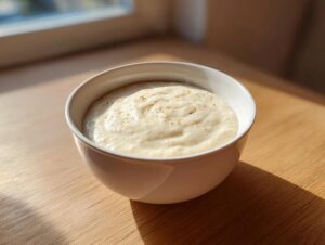 A close-up of a bowl of thick, creamy cauliflower soup, garnished with black pepper, sitting on a wooden table near a window.