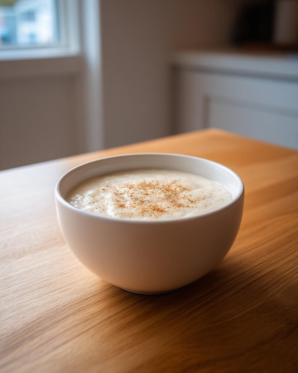 A creamy bowl of cauliflower soup, lightly dusted with nutmeg or pepper, sitting on a wooden table.