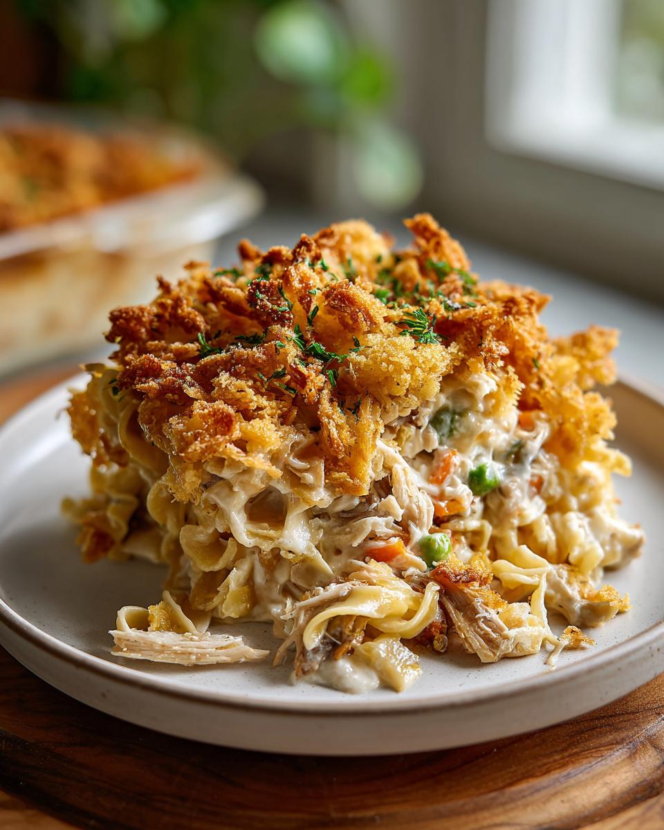 A generous serving of creamy chicken noodle casserole topped with golden, crunchy breadcrumbs and fresh parsley.