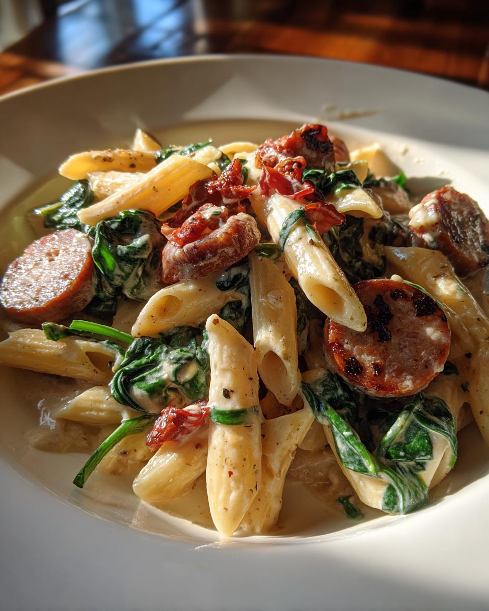 Close-up of creamy chicken sausage pasta featuring penne, sliced sausage, spinach, and sun-dried tomatoes.