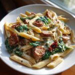 Close-up of a bowl of creamy chicken sausage pasta featuring penne, sliced sausage, spinach, and sun-dried tomatoes.