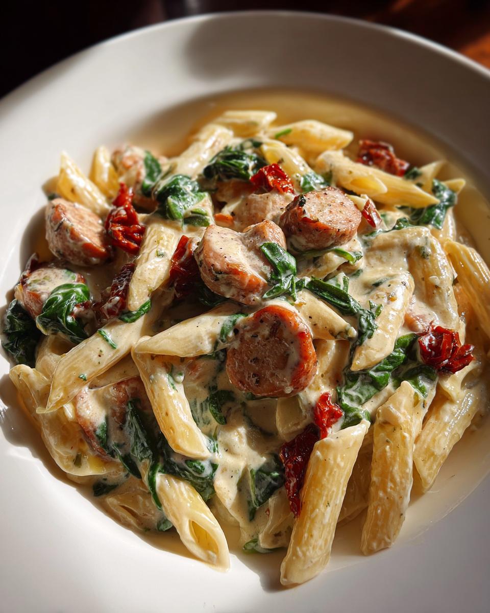 Close-up of creamy chicken sausage pasta featuring penne, sliced sausage, spinach, and sun-dried tomatoes.