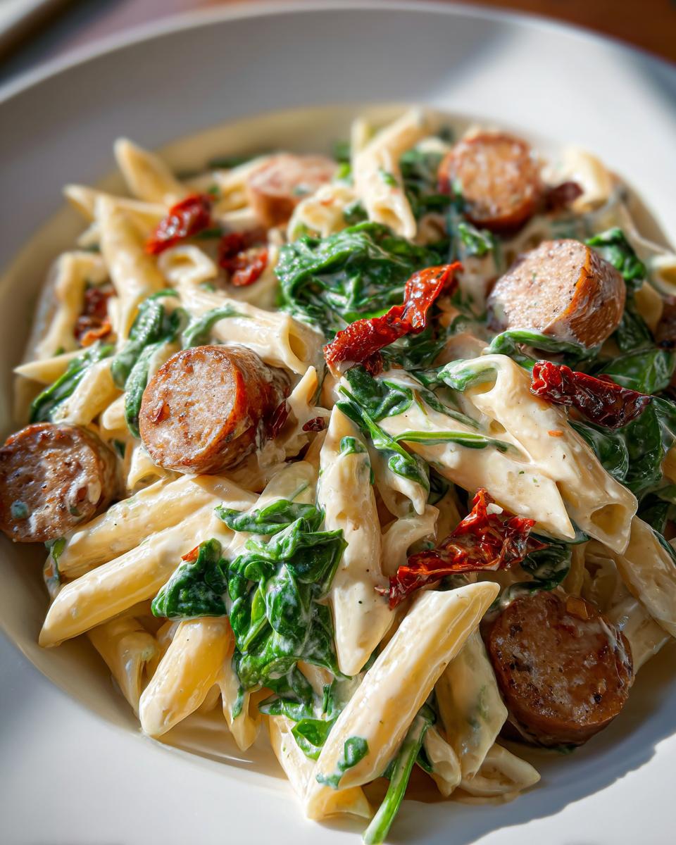 Close-up of creamy chicken sausage pasta featuring penne, sliced sausage, spinach, and sun-dried tomatoes.