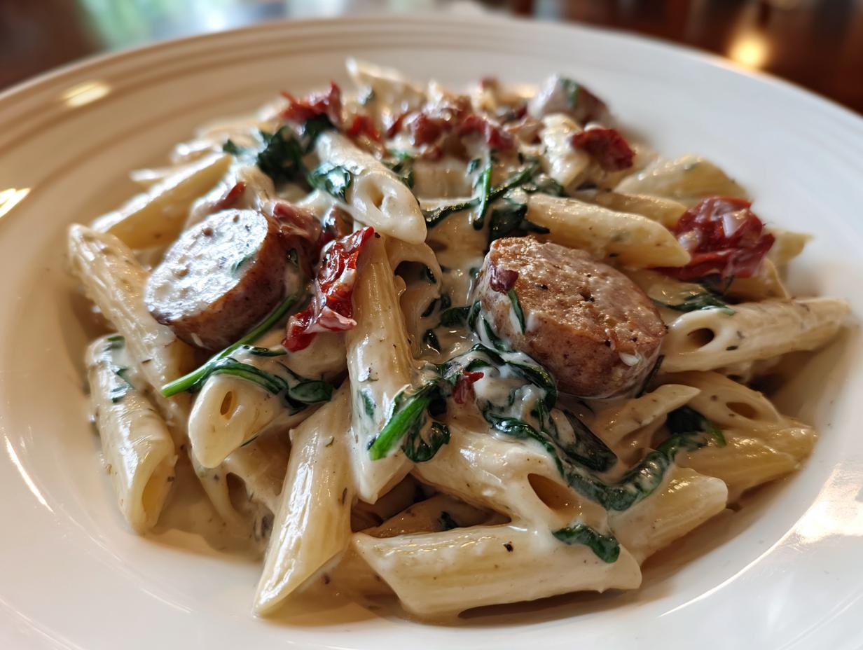 Close-up of creamy chicken sausage pasta featuring penne, sliced sausage, spinach, and sun-dried tomatoes.