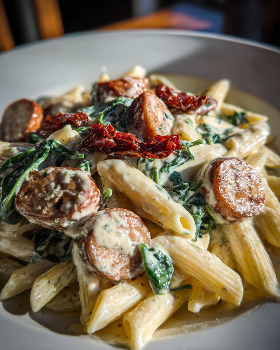Close-up of creamy chicken sausage pasta featuring penne, sliced sausage, spinach, and sun-dried tomatoes in a rich sauce.