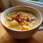 Close-up of a creamy bowl of corn chowder recipe topped with crispy bacon and fresh herbs.