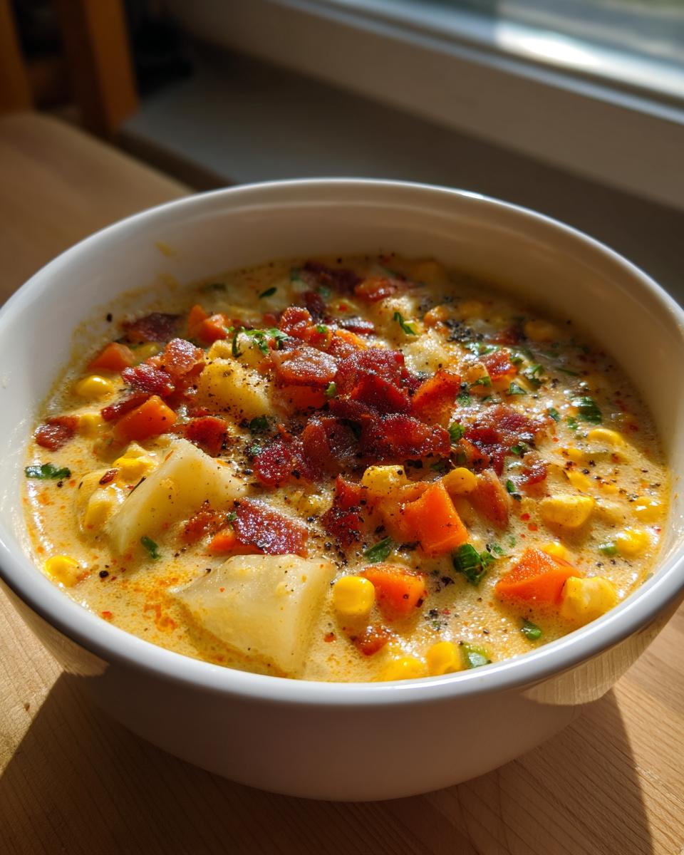 Close-up of a creamy corn chowder recipe topped with crispy bacon, potatoes, carrots, and chives.