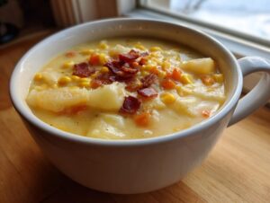 A close-up of a creamy bowl of corn chowder recipe, featuring potatoes, corn, carrots, and crispy bacon bits.