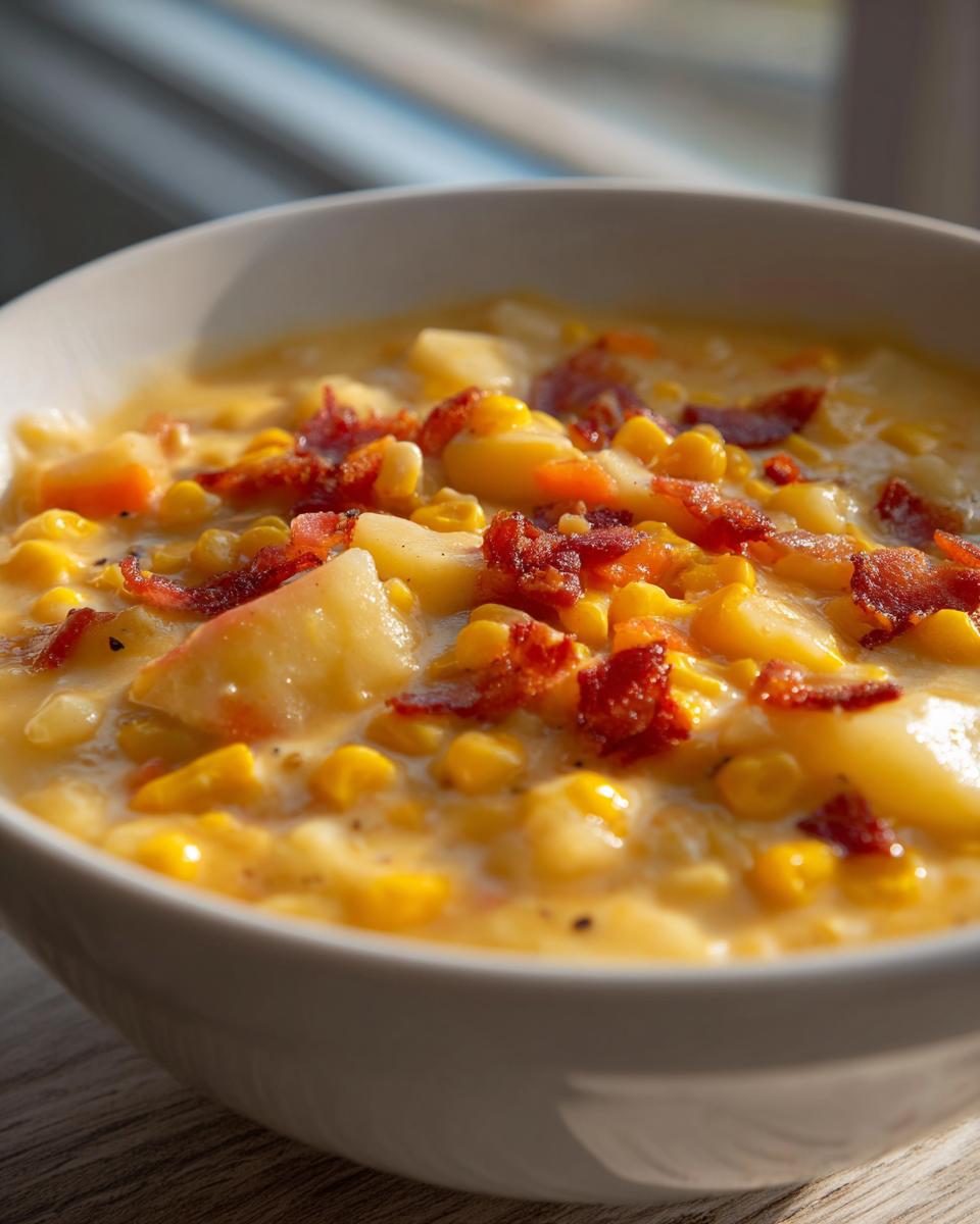 A close-up of a bowl filled with creamy corn chowder recipe, topped generously with crumbled bacon pieces.