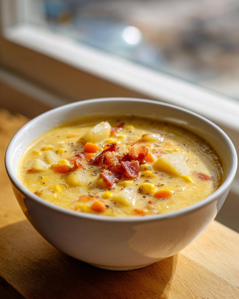 Close-up of a creamy bowl of corn chowder recipe, topped with crispy bacon bits, potatoes, and carrots.