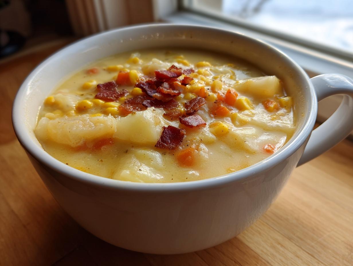A close-up of a creamy bowl of corn chowder recipe, featuring potatoes, corn, carrots, and crispy bacon bits.