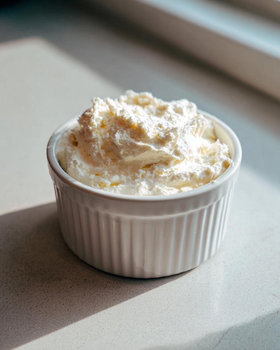 A small white ramekin filled with fluffy, white creamy horseradish sauce, sitting on a light countertop.