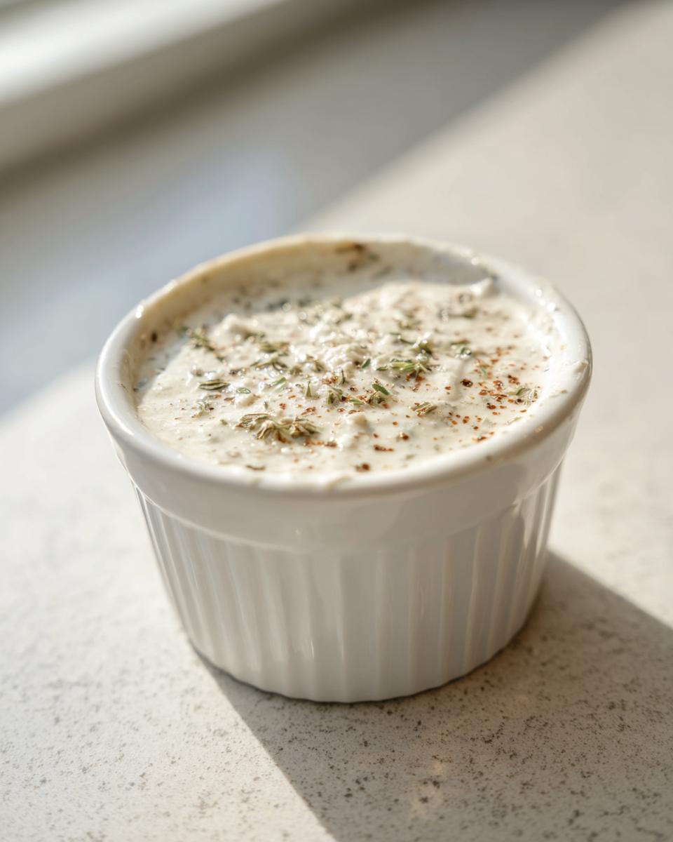 Close-up of a small white ramekin filled with creamy horseradish sauce, topped with herbs and spices.