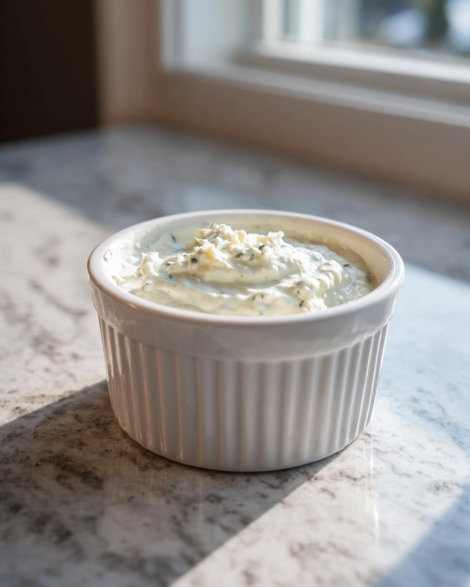 A small white ramekin filled with thick, white creamy horseradish sauce, sitting on a marble counter near a window.