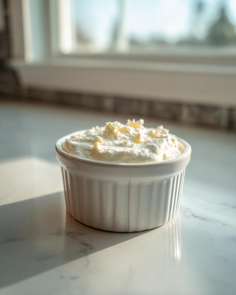 A small white ramekin filled with thick, white creamy horseradish sauce sitting on a marble counter.