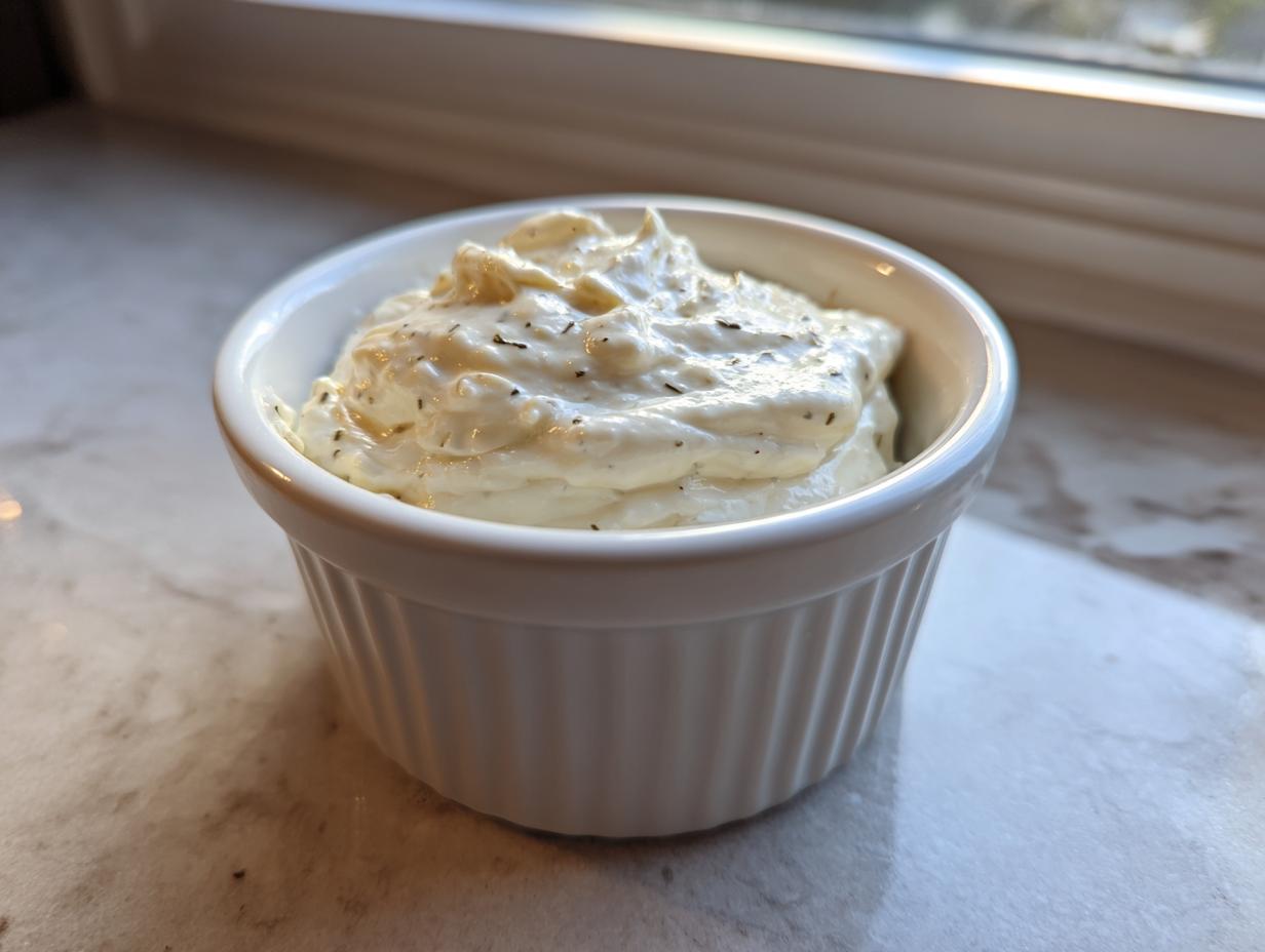 A small white ramekin filled with thick, creamy horseradish sauce, seasoned with herbs.