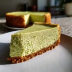 A perfect slice of creamy key lime cheesecake with visible lime zest in the filling, set against the background of the whole key lime cheesecake.