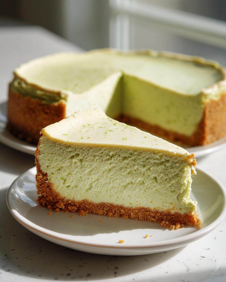 A thick slice of creamy, pale green key lime cheesecake with a graham cracker crust served on a white plate.