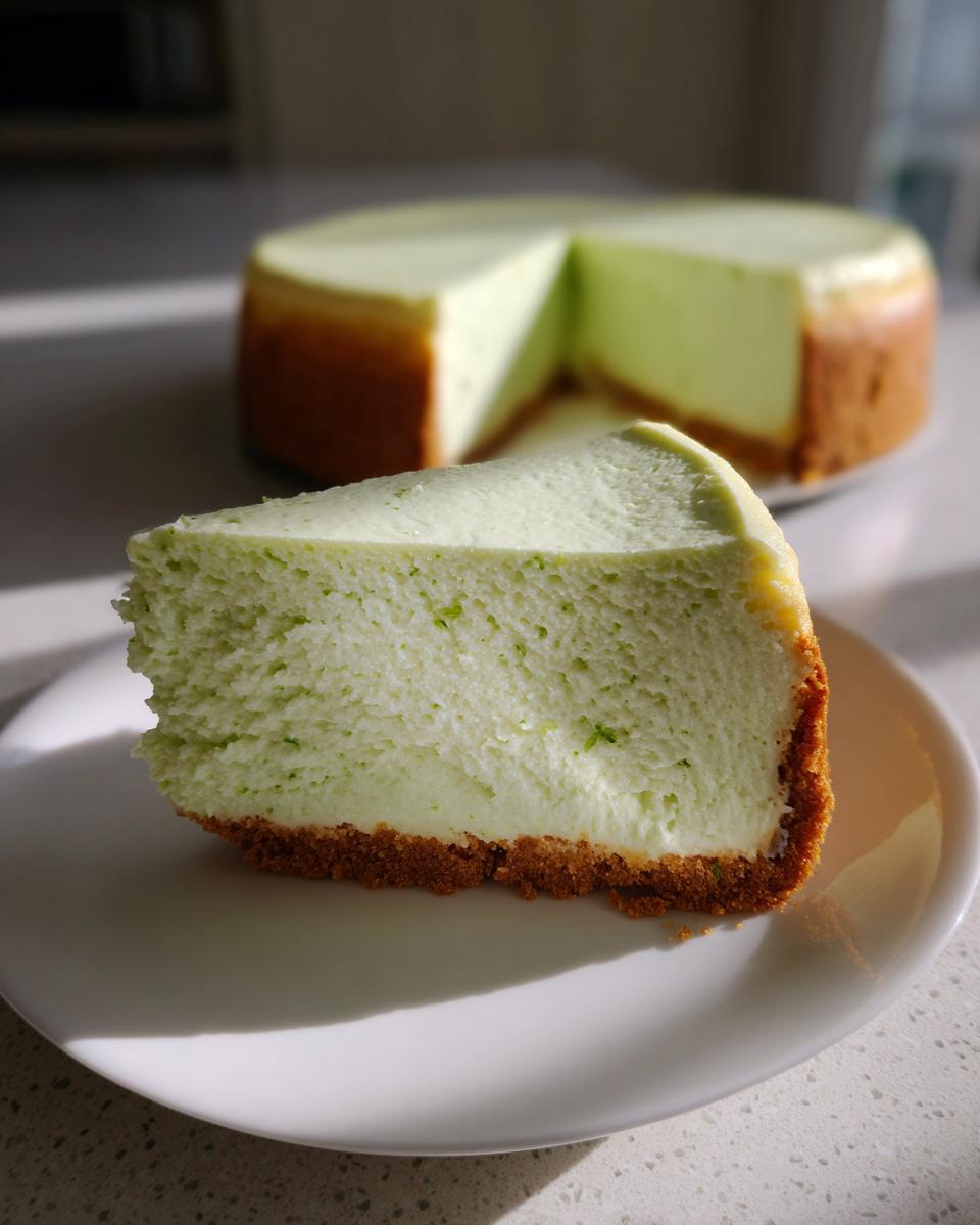 A close-up slice of creamy, light green key lime cheesecake with a graham cracker crust, set against the whole cake in the background.
