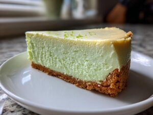 A perfect slice of light green key lime cheesecake on a white plate, topped with lime zest.