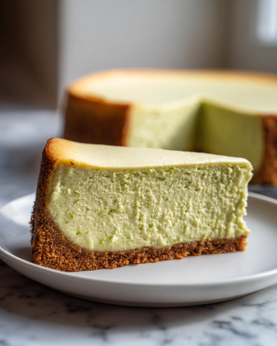 A close-up slice of creamy, light green key lime cheesecake on a white plate, showing the thick graham cracker crust.