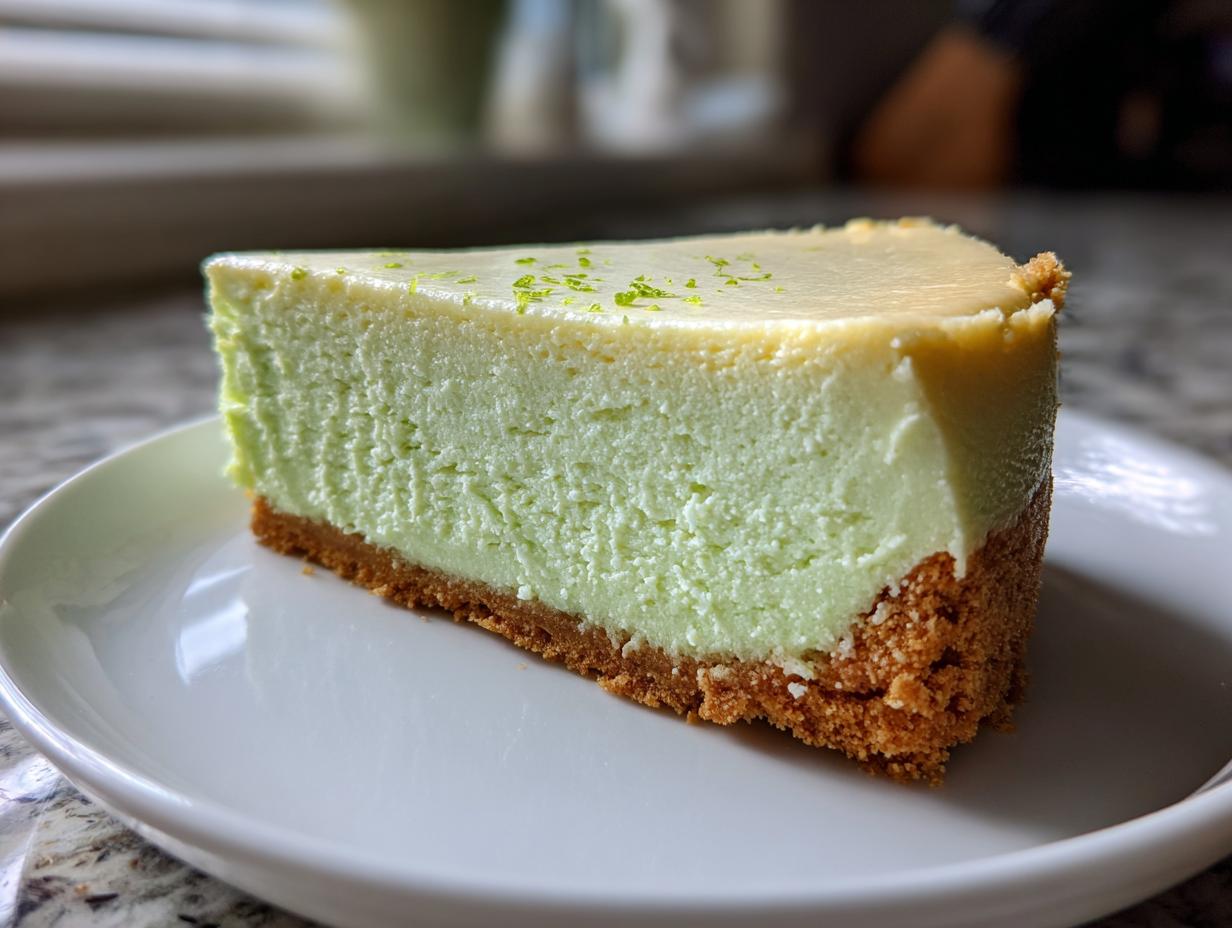 A perfect slice of light green key lime cheesecake on a white plate, topped with lime zest.