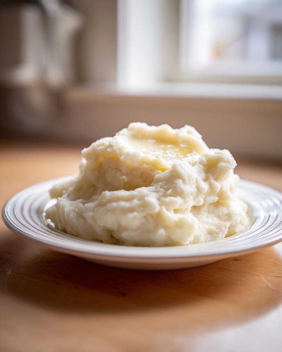 A serving of ultra creamy mashed potatoes topped with melting butter on a white plate.