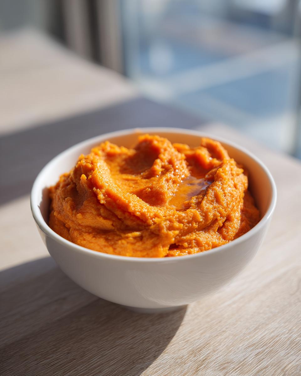 A white bowl filled with vibrant orange mashed sweet potatoes, glistening with butter, set on a light wooden surface.