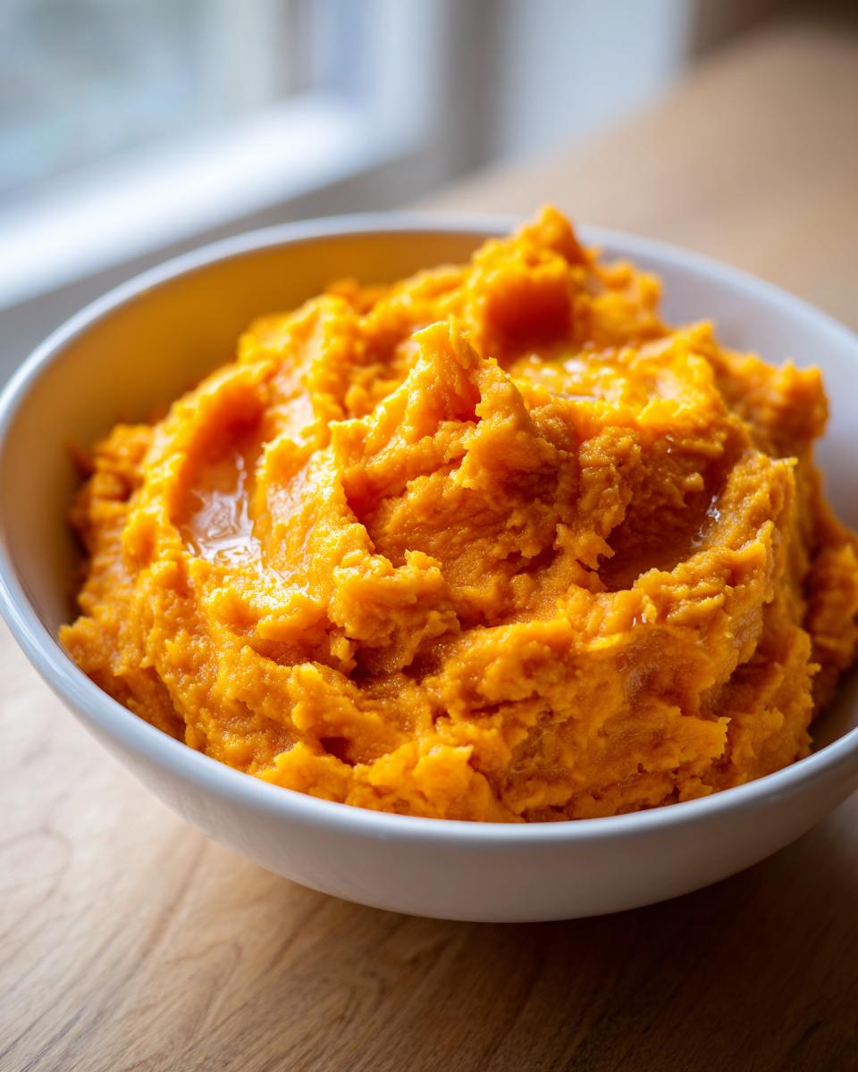 A close-up of a white bowl filled with bright orange, creamy mashed sweet potatoes.