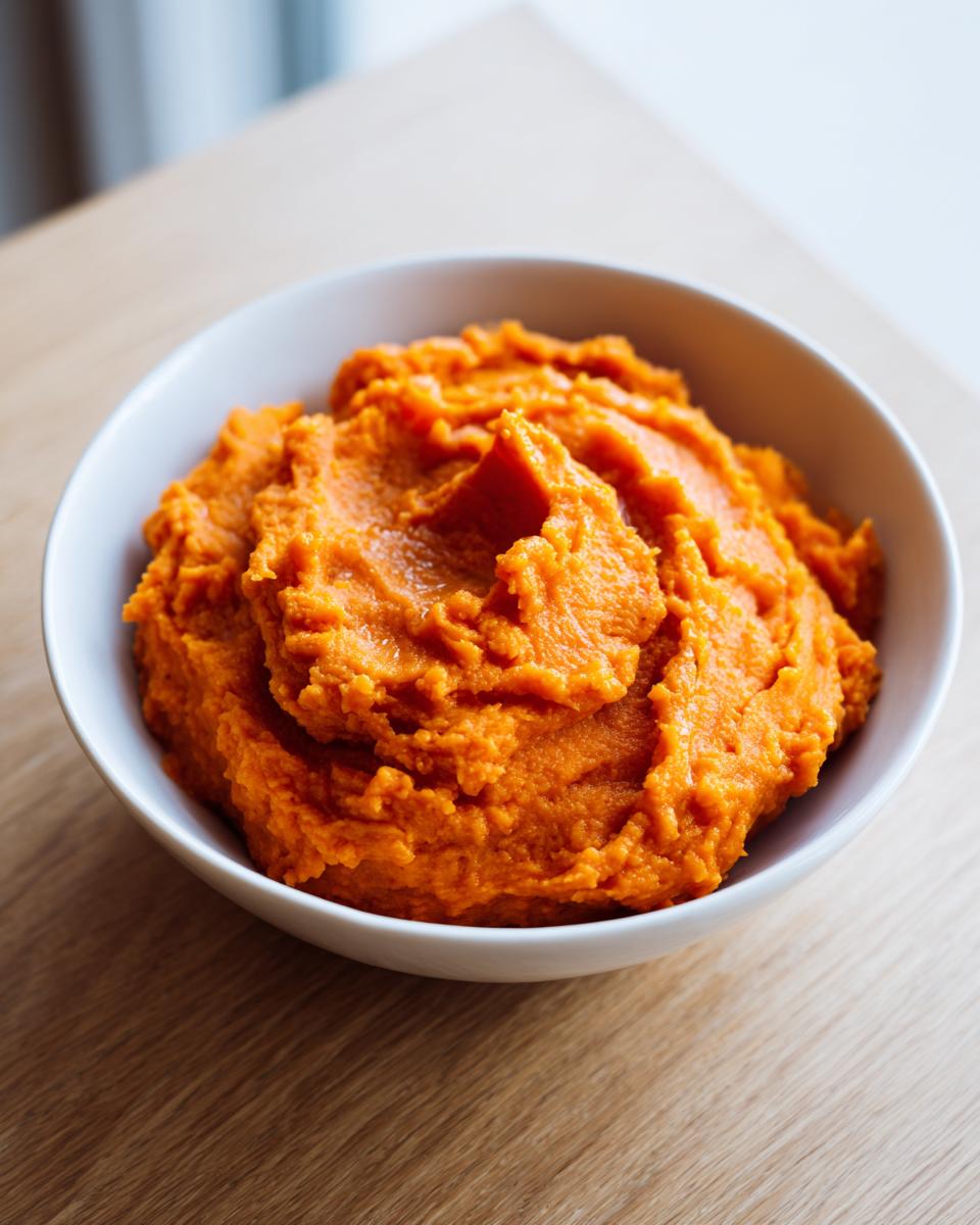 A close-up view of a white bowl filled with vibrant, creamy mashed sweet potatoes sitting on a light wooden table.