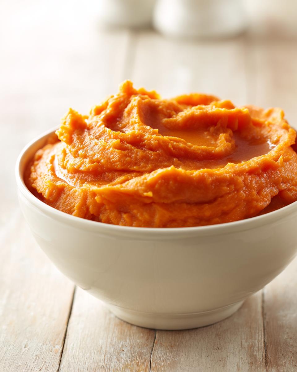 A close-up of a white bowl filled with rich, bright orange mashed sweet potatoes, showing melted butter pooling on top.