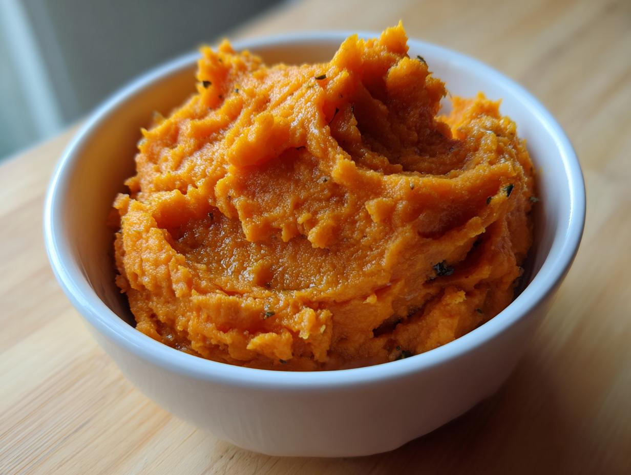 Close-up of a white bowl filled with vibrant orange, creamy mashed sweet potatoes sprinkled with dark herbs.