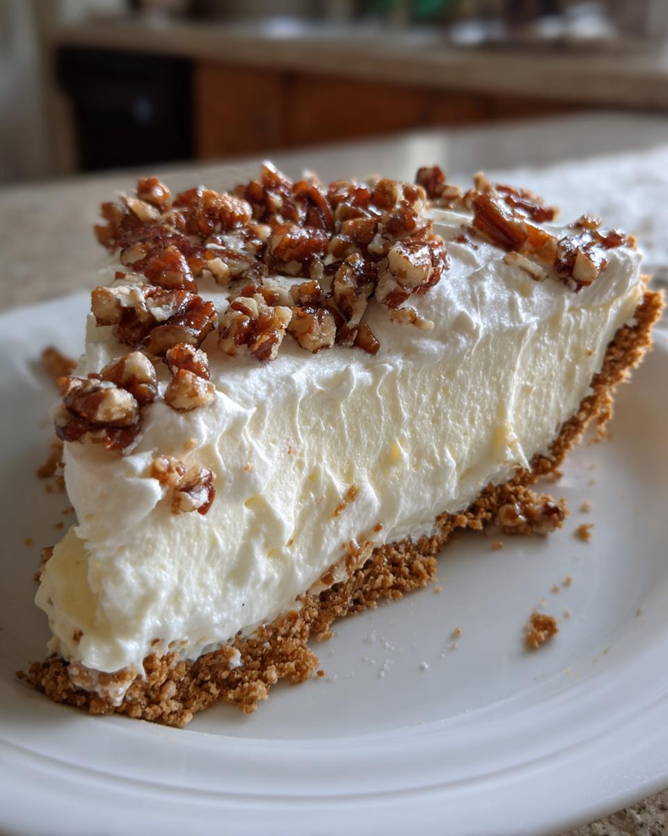 A close-up slice of creamy million dollar pie with a graham cracker crust, topped with whipped cream and candied pecans.