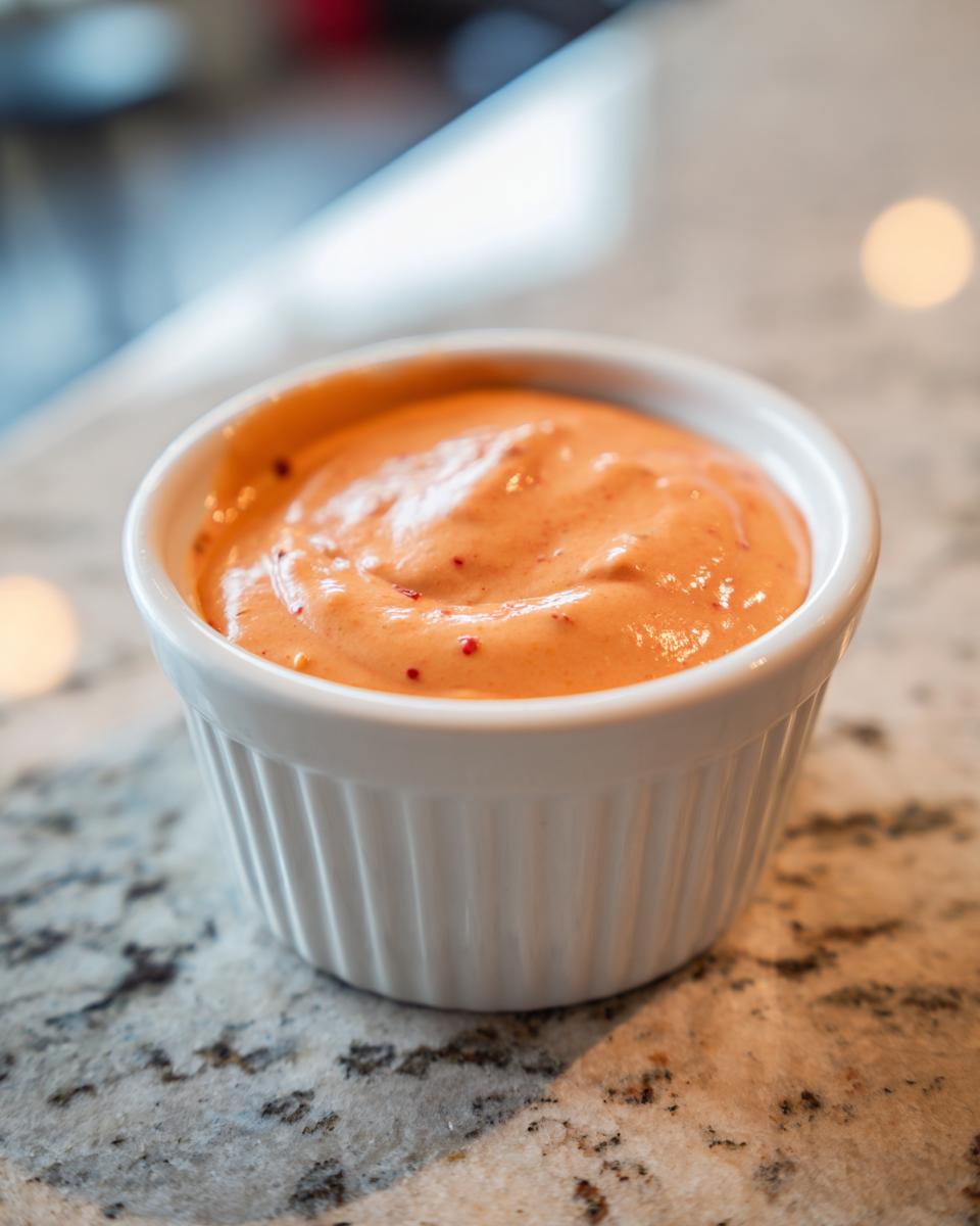 Close-up of creamy, orange burger sauce speckled with red bits, served in a small white ramekin on a granite counter.