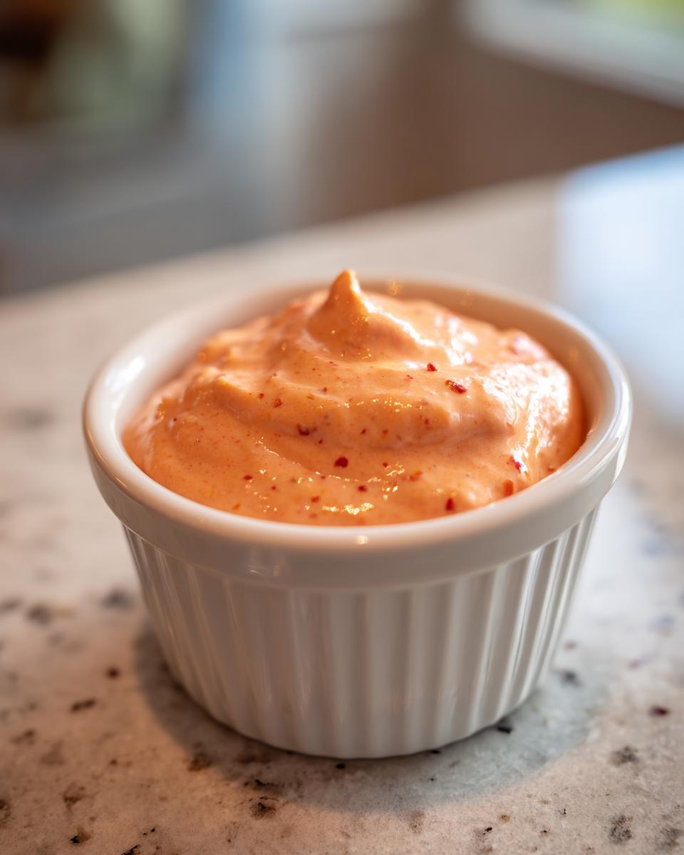 Close-up of a small white ramekin filled with creamy, orange-hued burger sauce flecked with red spices.