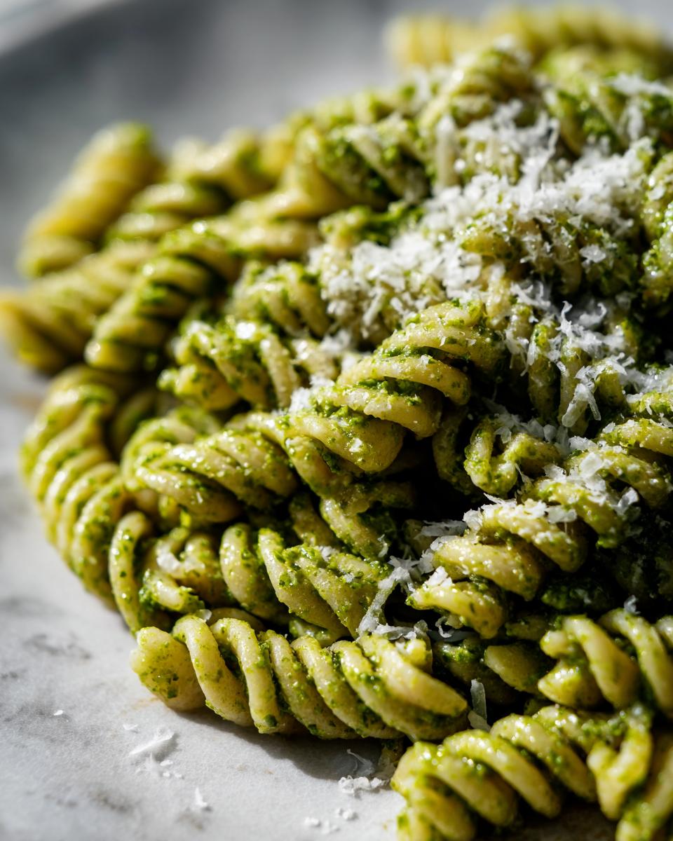 Close-up shot of fusilli pasta coated in vibrant green pesto sauce, topped with grated Parmesan cheese, showcasing the creamy pesto pasta.