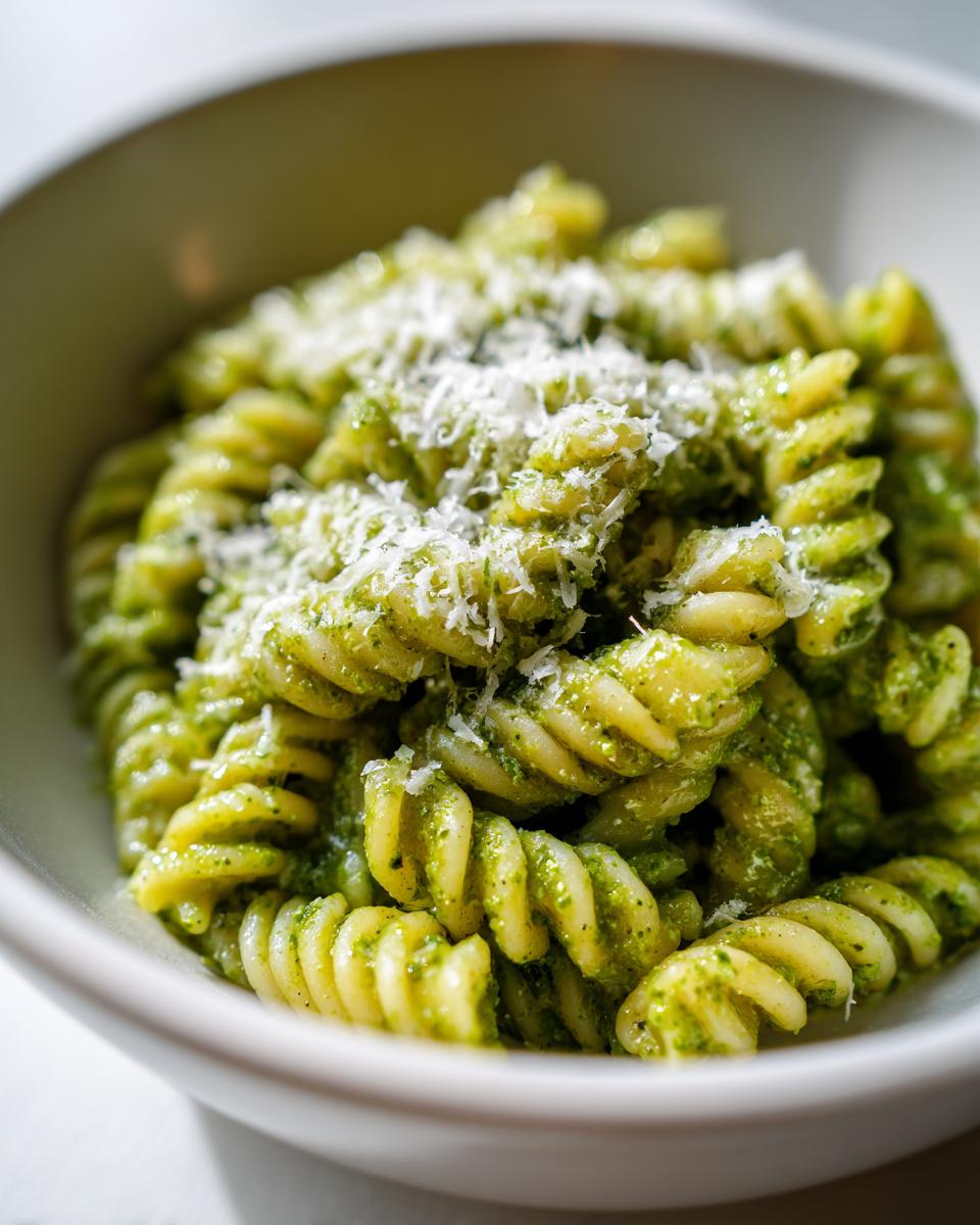 A close-up shot of creamy pesto pasta made with fusilli, generously topped with grated Parmesan cheese.