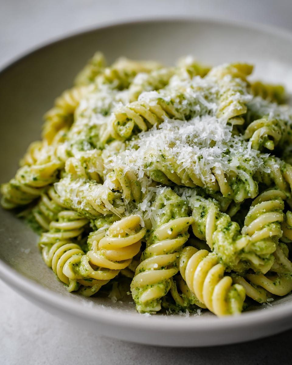 Close-up of fusilli pasta coated in vibrant green creamy pesto pasta sauce and topped with grated Parmesan.