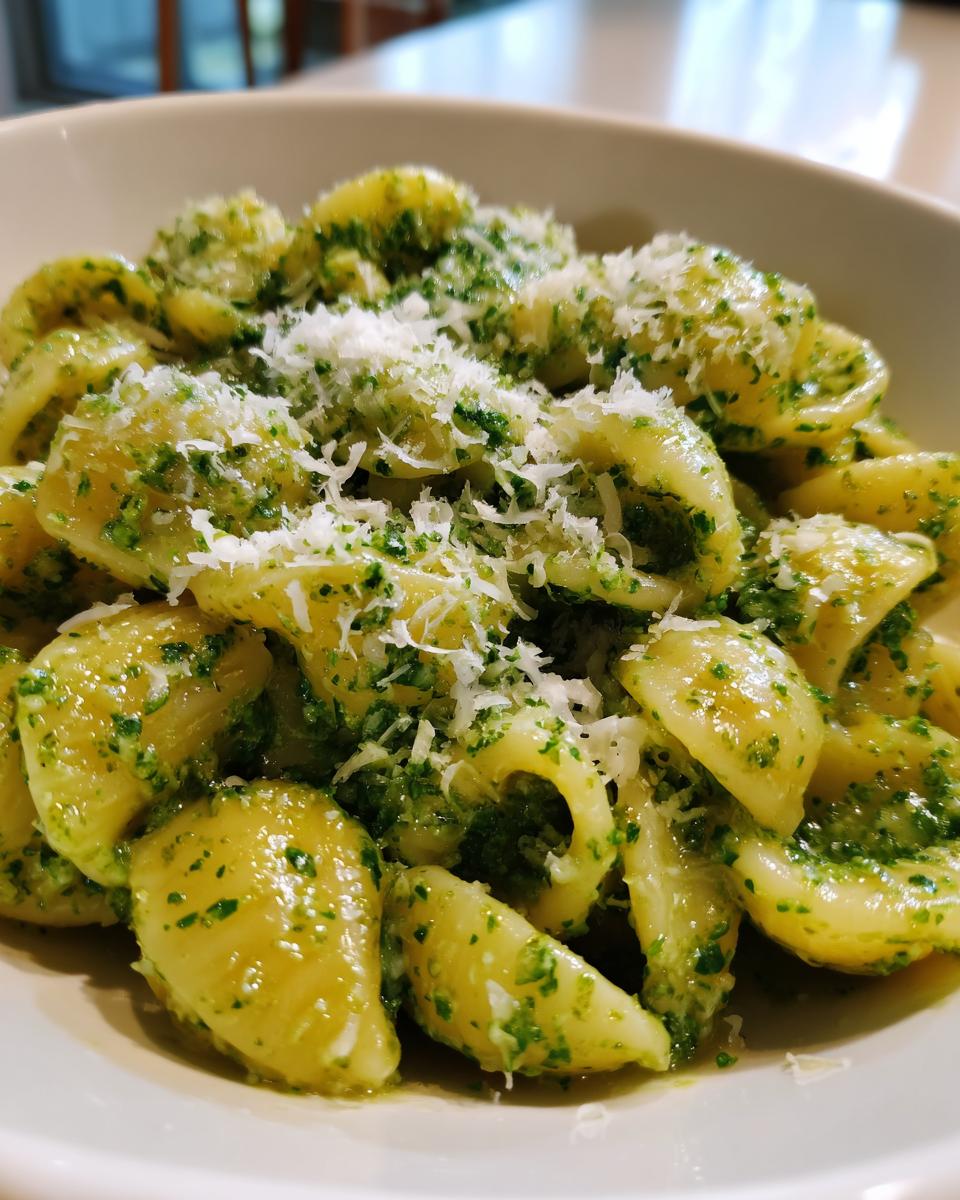 Close-up of orecchiette pasta coated in vibrant green creamy pesto pasta sauce and topped with grated Parmesan cheese.