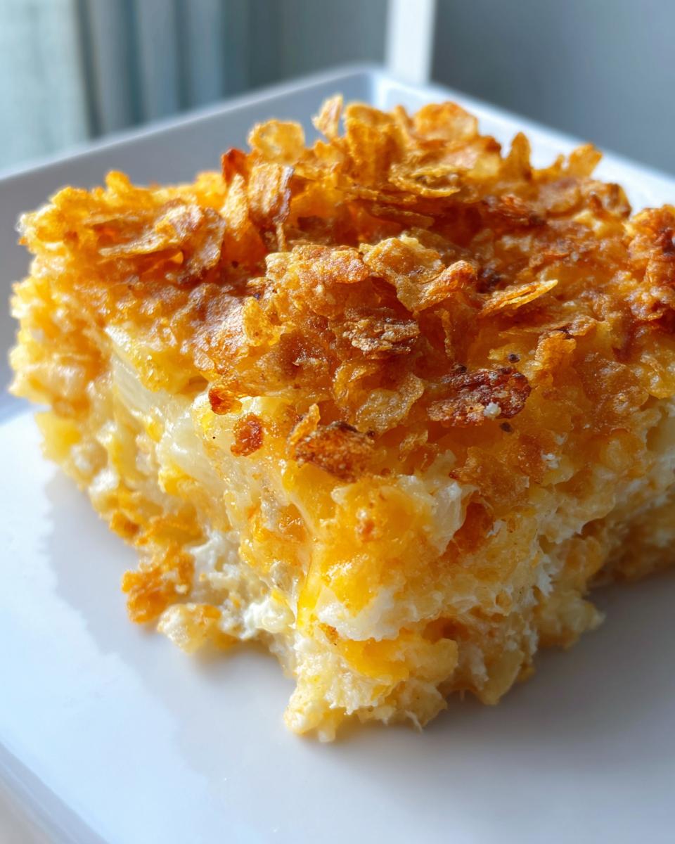 A close-up of a serving of creamy potato casserole topped with golden, crunchy cornflakes.