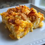 A close-up of a serving of creamy potato casserole topped with golden, crunchy cornflakes.