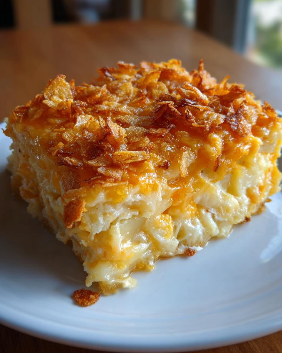 A close-up of a square slice of creamy potato casserole topped with melted cheese and crispy fried onions.
