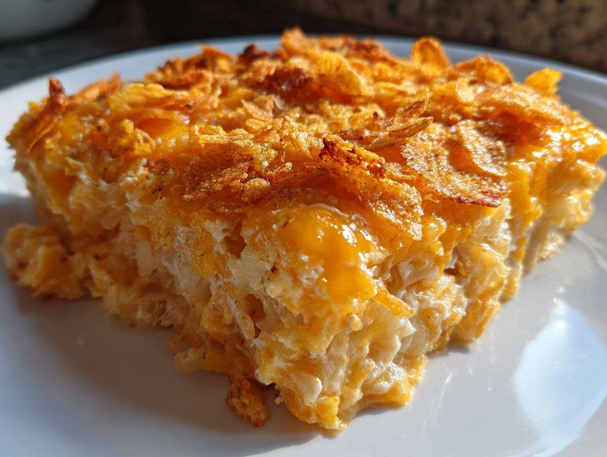 A close-up of a square serving of creamy potato casserole topped with melted cheese and crispy cornflakes.