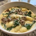 Close-up of a hearty bowl of creamy sausage gnocchi soup with wilted spinach and grated Parmesan cheese.