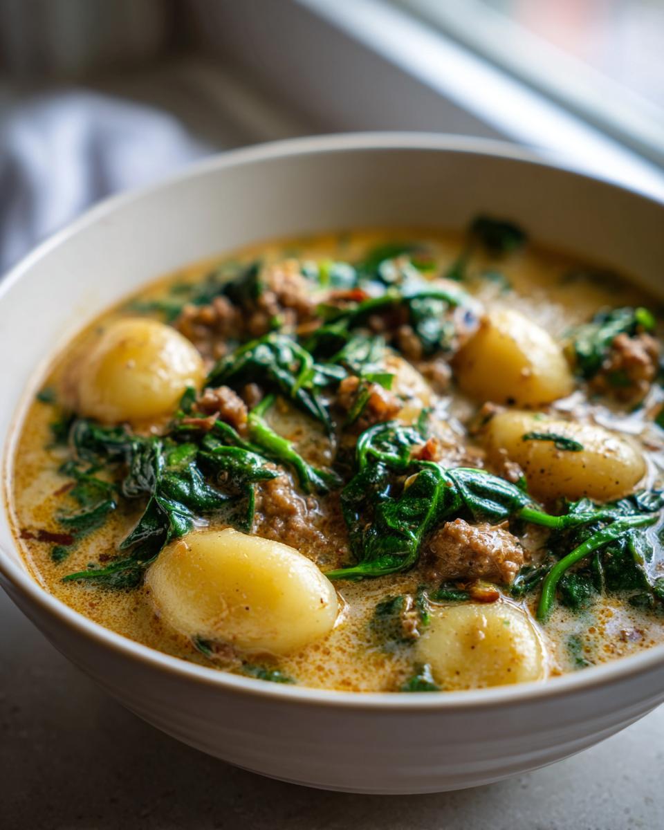 Close-up of a bowl of creamy sausage gnocchi soup featuring plump gnocchi, crumbled sausage, and wilted spinach.