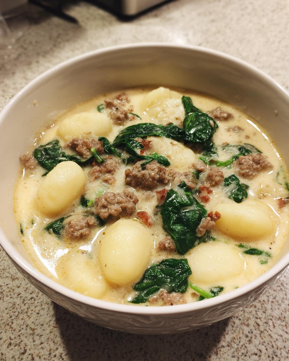 Close-up of a hearty bowl of creamy sausage gnocchi soup with wilted spinach.