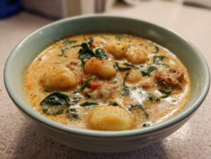 Close-up of a light green bowl filled with creamy sausage gnocchi soup, featuring soft gnocchi, spinach, and sausage chunks.