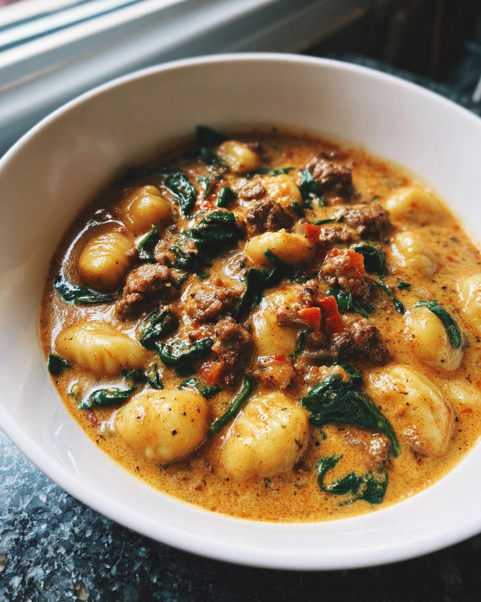 Close-up of a creamy bowl of sausage gnocchi soup with wilted spinach and visible seasoning.